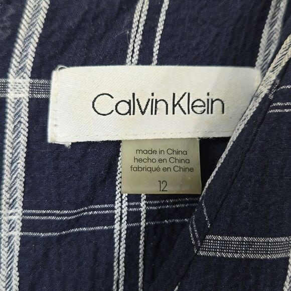 Calvin Klein Navy Belted Plaid Gauze Dress Balloon Puff Sleeves A-line CK Career - Picture 3 of 16